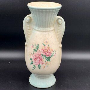 ROYAL COPLEY Vintage 1940s Ceramic Blue & Pink Double Handle Rose 7" Vase